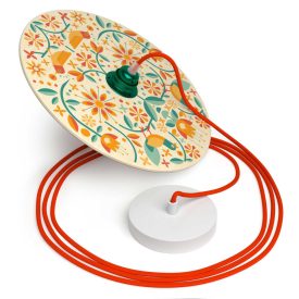   Suspended lamp with textile cable, UFO double-sided wooden lampshade and metal details - Made in Italy - Bulb included