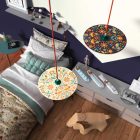 Suspended lamp with textile cable, UFO double-sided wooden lampshade and metal details - Made in Italy - Bulb included