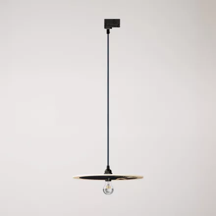 Rail-mounted pendant lamp UFO with double-sided wooden shade