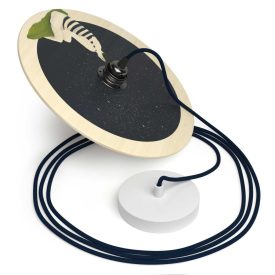   Suspended lamp with textile cable, UFO double-sided wooden lampshade and metal details - Made in Italy - Bulb included