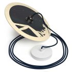 Suspended lamp with textile cable, UFO double-sided wooden lampshade and metal details - Made in Italy - Bulb included