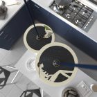 Suspended lamp with textile cable, UFO double-sided wooden lampshade and metal details - Made in Italy - Bulb included