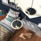 Suspended lamp with textile cable, UFO double-sided wooden lampshade and metal details - Made in Italy - Bulb included