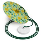 Suspended lamp with textile cable, UFO double-sided wooden lampshade and metal details - Made in Italy - Bulb included