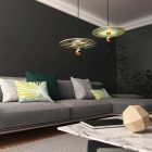 Suspended lamp with textile cable, UFO double-sided wooden lampshade and metal details - Made in Italy - Bulb included