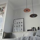  Suspended lamp with textile cable, UFO Pemberly Pond wooden lampshade and metal details - Made in Italy - With bulb