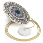 Suspended lamp with textile cable, UFO double-sided wooden lampshade and metal details - Made in Italy - Bulb included