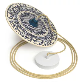   Suspended lamp with textile cable, UFO double-sided wooden lampshade and metal details - Made in Italy - Bulb included