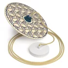 Suspended lamp with textile cable, UFO double-sided wooden lampshade and metal details - Made in Italy - Bulb included