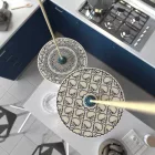 Suspended lamp with textile cable, UFO double-sided wooden lampshade and metal details - Made in Italy - Bulb included