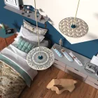 Suspended lamp with textile cable, UFO double-sided wooden lampshade and metal details - Made in Italy - Bulb included