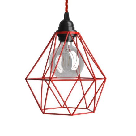 Suspended lamp with textile cable, diamond-shaped lampshade and metal details - Made in Italy - Bulb included