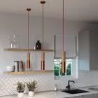 Suspended lamp with textile cable and double Tub-E14 wooden and metal shade - Made in Italy