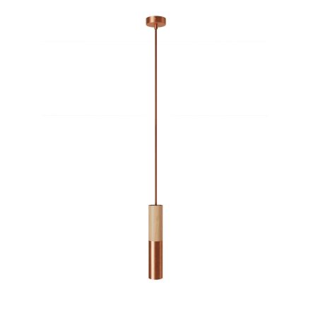 Suspended lamp with textile cable and double Tub-E14 wooden and metal shade - Made in Italy