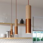 Suspended lamp with textile cable and double Tub-E14 wooden and metal shade - Made in Italy