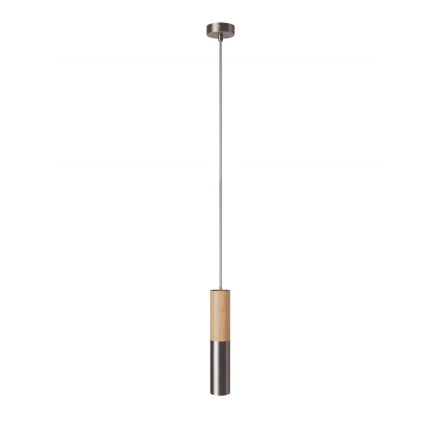 Suspended lamp with textile cable and double Tub-E14 wooden and metal shade - Made in Italy