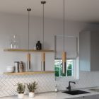 Suspended lamp with textile cable and double Tub-E14 wooden and metal shade - Made in Italy