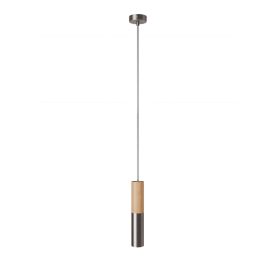  Suspended lamp with textile cable and double Tub-E14 wooden and metal shade - Made in Italy