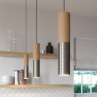 Suspended lamp with textile cable and double Tub-E14 wooden and metal shade - Made in Italy