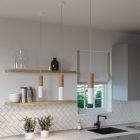 Suspended lamp with textile cable and double Tub-E14 wooden and metal shade - Made in Italy