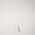 Track-mounted pendant lamp with conical wooden shade