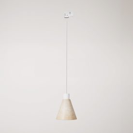 Track-mounted pendant lamp with conical wooden shade