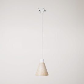 Track-mounted pendant lamp with conical wooden shade