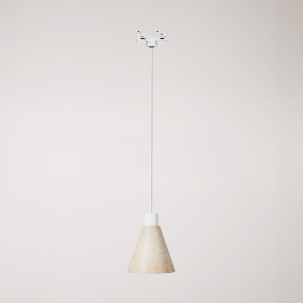 Track-mounted pendant lamp with conical wooden shade