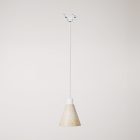 Track-mounted pendant lamp with conical wooden shade