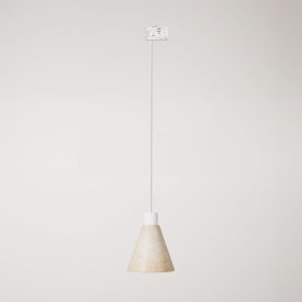 Track-mounted pendant lamp with conical wooden shade