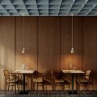 Suspended lamp with wooden conical lampshade