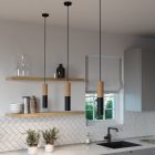 Suspended lamp with textile cable and double Tub-E14 wooden and metal shade - Made in Italy