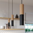 Suspended lamp with textile cable and double Tub-E14 wooden and metal shade - Made in Italy