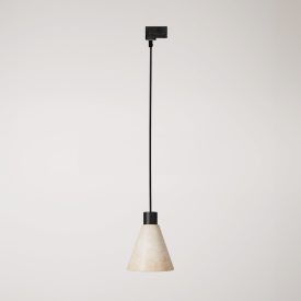 Track-mounted pendant lamp with conical wooden shade
