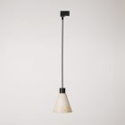 Track-mounted pendant lamp with conical wooden shade