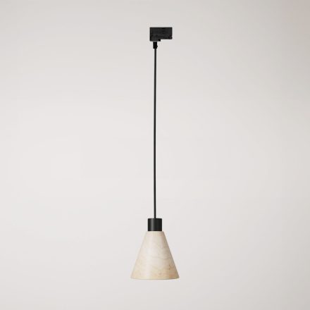 Track-mounted pendant lamp with conical wooden shade