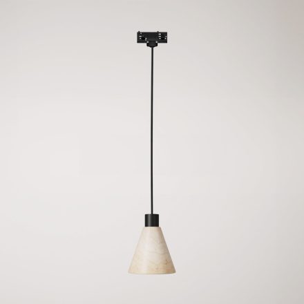 Track-mounted pendant lamp with conical wooden shade
