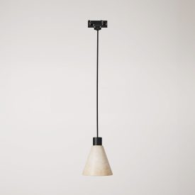 Track-mounted pendant lamp with conical wooden shade