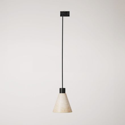 Track-mounted pendant lamp with conical wooden shade
