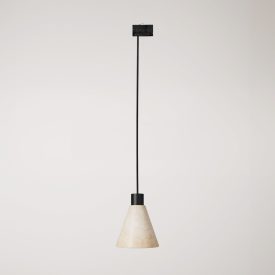 Track-mounted pendant lamp with conical wooden shade