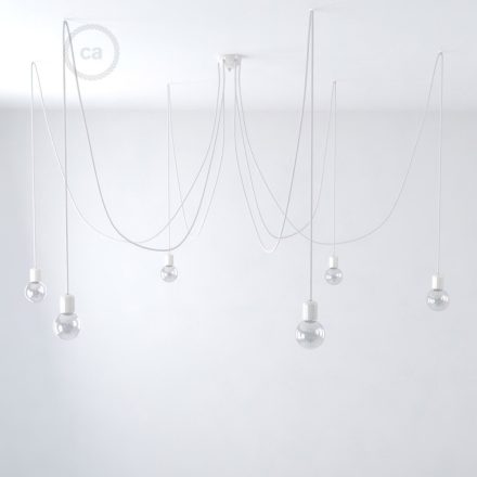 Multifunctional pendant lamp with 6 lights Made in Italy, with fabric cable and colored ceramic coating