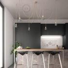 Multifunctional pendant lamp with 6 lights Made in Italy, with fabric cable and colored ceramic coating