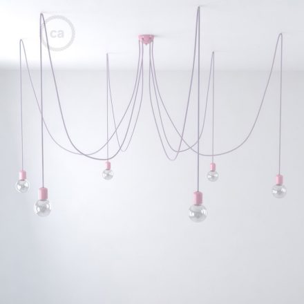 Multifunctional pendant lamp with 6 lights Made in Italy, with fabric cable and colored ceramic coating