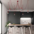Multifunctional pendant lamp with 6 lights Made in Italy, with fabric cable and colored ceramic coating