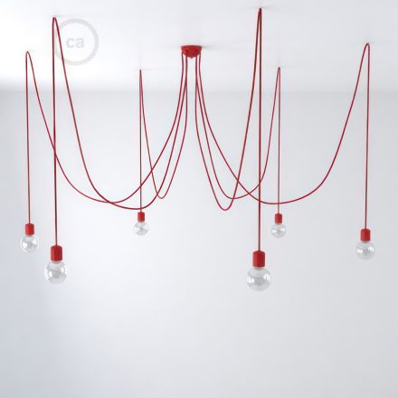 Multifunctional pendant lamp with 6 lights Made in Italy, with fabric cable and colored ceramic coating