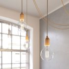 Spider - multiple, 4-arm pendant lamp Made in Italy, with fabric cable and wooden finish