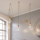 Spider - multiple, 4-arm pendant lamp Made in Italy, with fabric cable and wooden finish