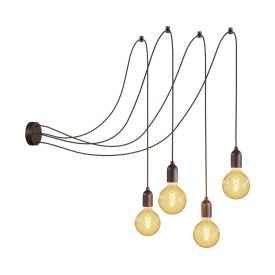   Spider - multiple, 4-arm pendant lamp Made in Italy, with fabric cable and wooden finish