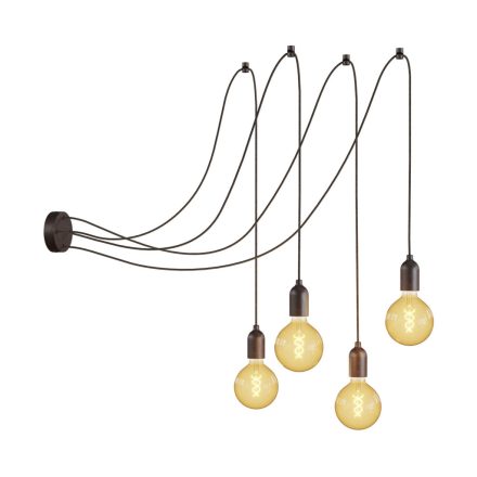 Spider - multiple, 4-arm pendant lamp Made in Italy, with fabric cable and wooden finish