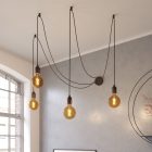 Spider - multiple, 4-arm pendant lamp Made in Italy, with fabric cable and wooden finish